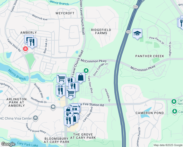 map of restaurants, bars, coffee shops, grocery stores, and more near 3839 Cary Glen Boulevard in Cary