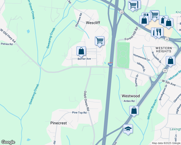 map of restaurants, bars, coffee shops, grocery stores, and more near 5 Odell Owen Road in Lexington