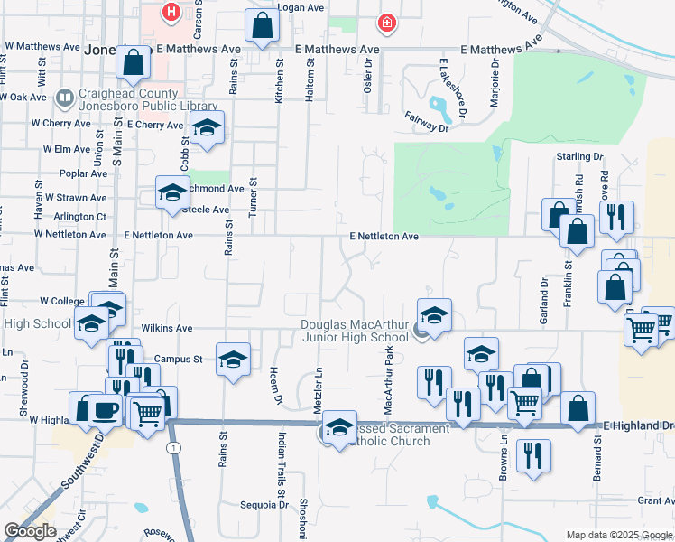 map of restaurants, bars, coffee shops, grocery stores, and more near 1415 Oak Terrace Cove in Jonesboro