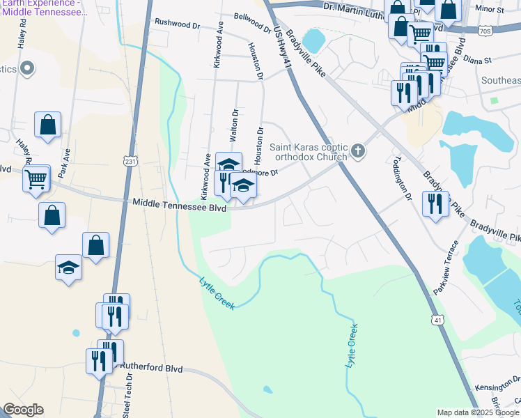 map of restaurants, bars, coffee shops, grocery stores, and more near 1150 Middle Tennessee Boulevard in Murfreesboro