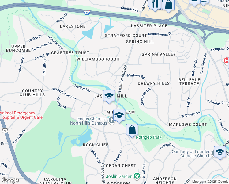 map of restaurants, bars, coffee shops, grocery stores, and more near 805 Lassiter Place in Raleigh