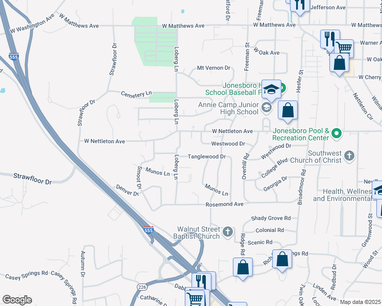 map of restaurants, bars, coffee shops, grocery stores, and more near 2020 Tanglewood Drive in Jonesboro