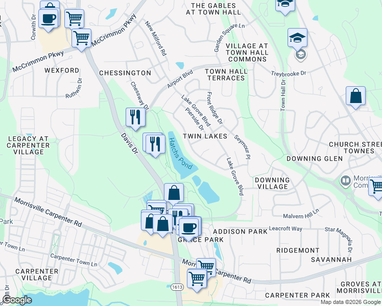 map of restaurants, bars, coffee shops, grocery stores, and more near 606 Tranquil Sound Drive in Cary