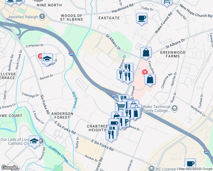 map of restaurants, bars, coffee shops, grocery stores, and more near 1032 Navaho Drive in Raleigh