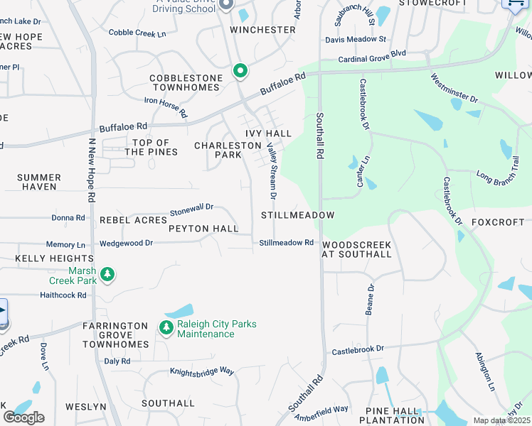 map of restaurants, bars, coffee shops, grocery stores, and more near 3901 Valley Stream Drive in Raleigh