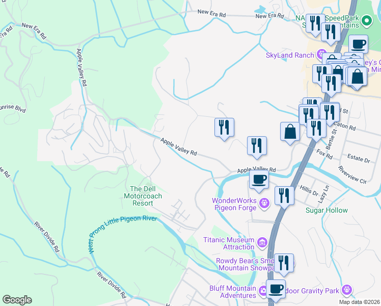 map of restaurants, bars, coffee shops, grocery stores, and more near 346 Apple Valley Road in Sevierville
