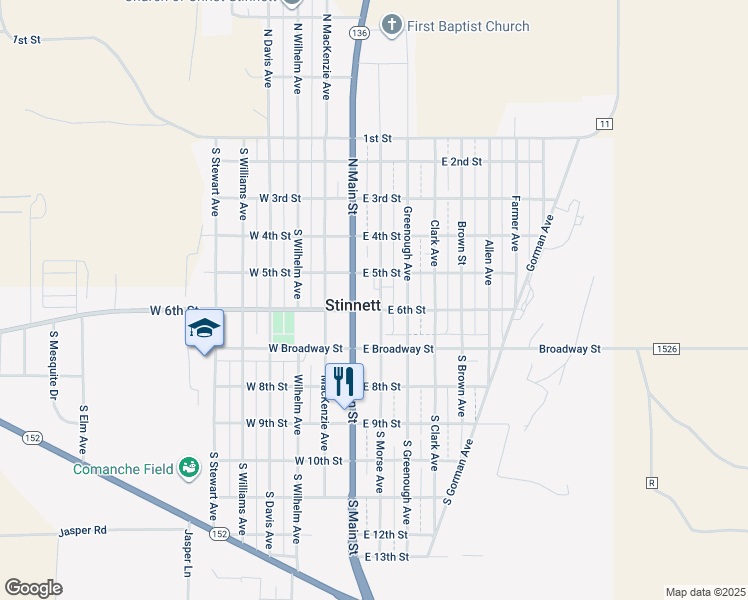 map of restaurants, bars, coffee shops, grocery stores, and more near 500 North Main Street in Stinnett