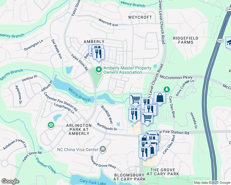 map of restaurants, bars, coffee shops, grocery stores, and more near 203 Mountain Maple Drive in Cary