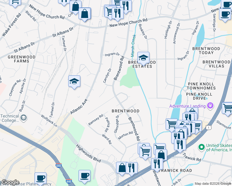 map of restaurants, bars, coffee shops, grocery stores, and more near 3409 Brentwood Road in Raleigh