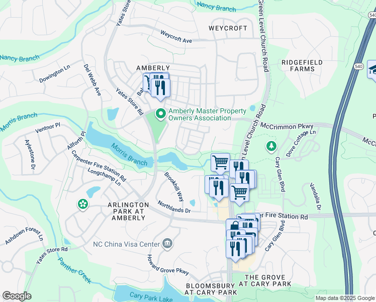map of restaurants, bars, coffee shops, grocery stores, and more near 203 Mountain Maple Drive in Cary