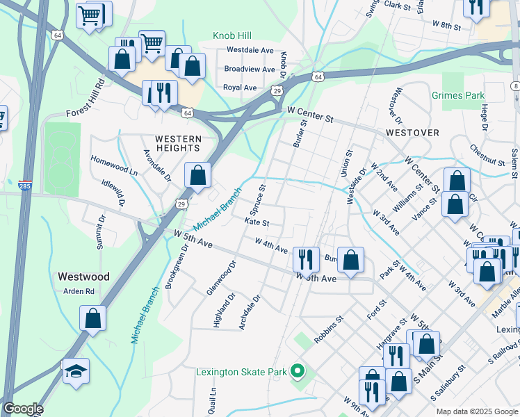 map of restaurants, bars, coffee shops, grocery stores, and more near 401 White Spruce Court in Thomasville