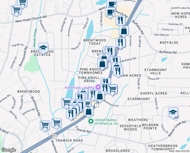map of restaurants, bars, coffee shops, grocery stores, and more near 3508 Landsman Drive in Raleigh