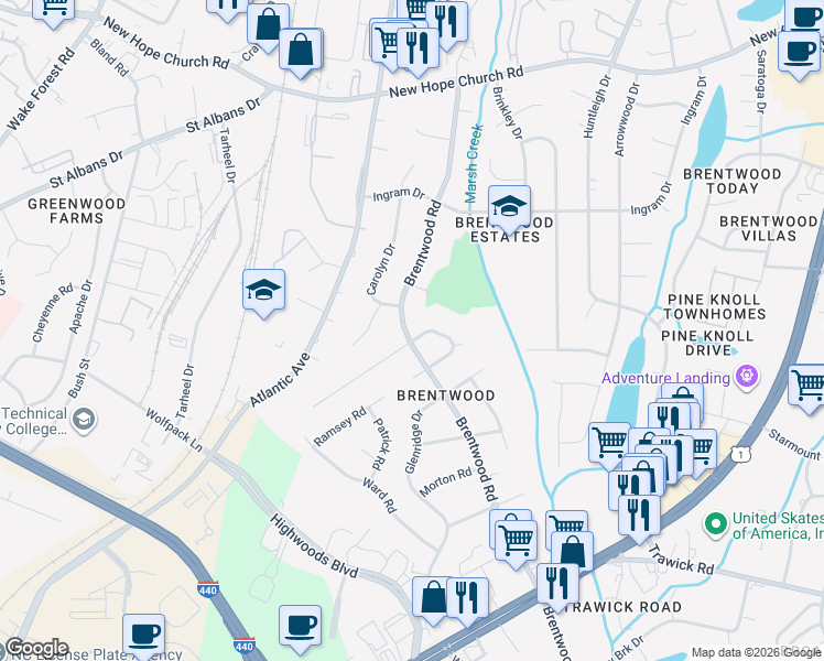map of restaurants, bars, coffee shops, grocery stores, and more near 3409 Brentwood Road in Raleigh
