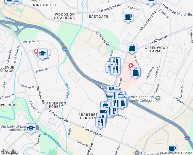 map of restaurants, bars, coffee shops, grocery stores, and more near 1032 Navaho Drive in Raleigh