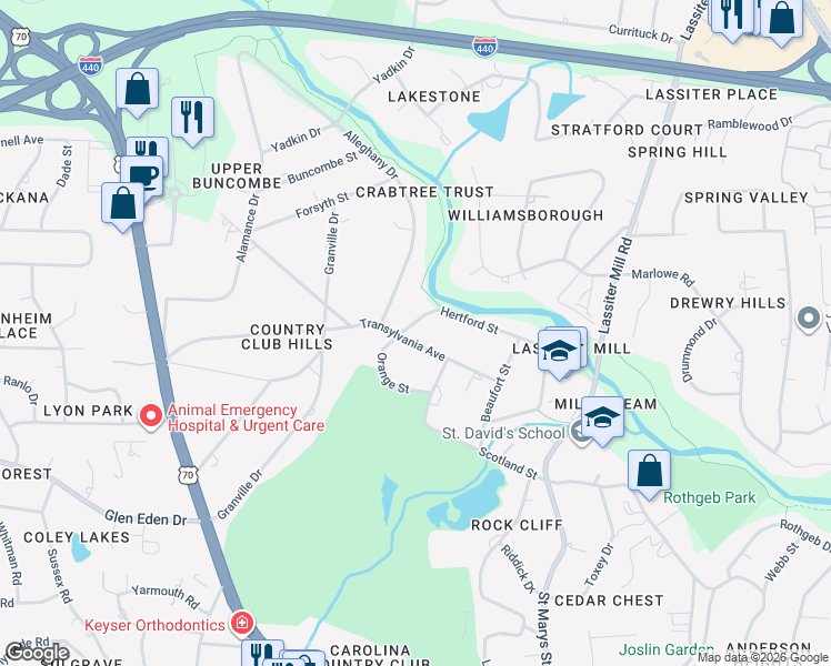 map of restaurants, bars, coffee shops, grocery stores, and more near 507 Hertford Street in Raleigh