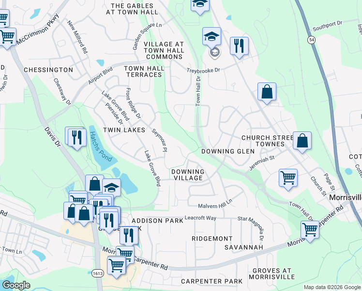 map of restaurants, bars, coffee shops, grocery stores, and more near 422 Plank Bridge Way in Morrisville