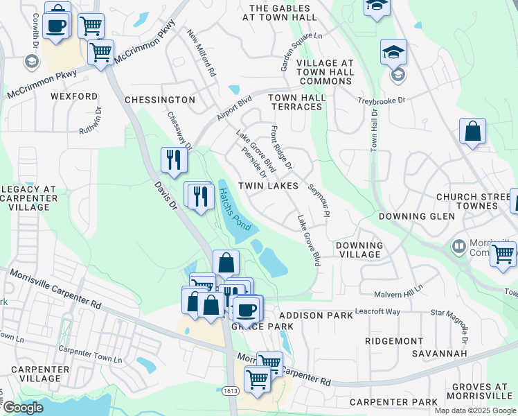 map of restaurants, bars, coffee shops, grocery stores, and more near 102 Sand Dollar Road in Cary
