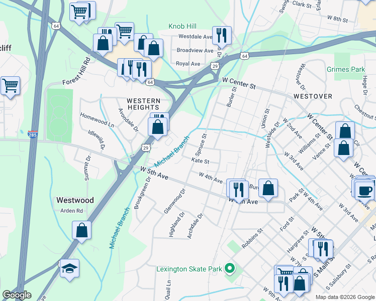 map of restaurants, bars, coffee shops, grocery stores, and more near 405 Michael Street in Lexington