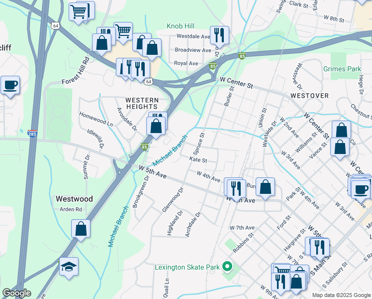 map of restaurants, bars, coffee shops, grocery stores, and more near 405 Michael Street in Lexington