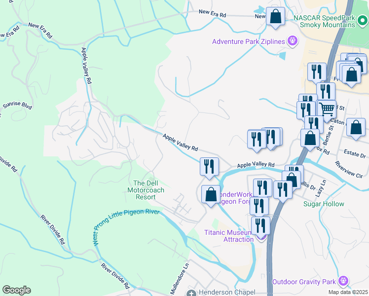 map of restaurants, bars, coffee shops, grocery stores, and more near 401 Apple Valley Road in Sevierville