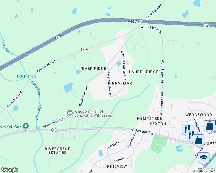 map of restaurants, bars, coffee shops, grocery stores, and more near 2326 King Malcolm Lane in Zebulon