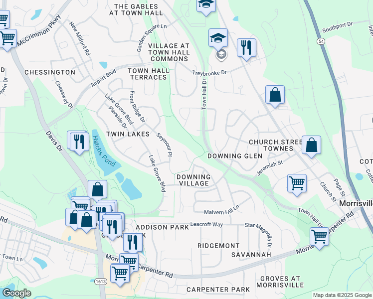 map of restaurants, bars, coffee shops, grocery stores, and more near 422 Plank Bridge Way in Morrisville