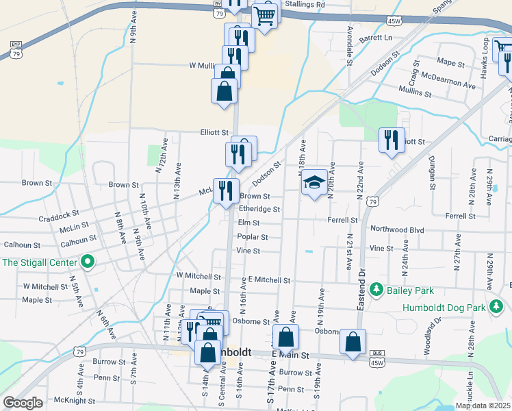 map of restaurants, bars, coffee shops, grocery stores, and more near 1615 Etheridge Street in Humboldt