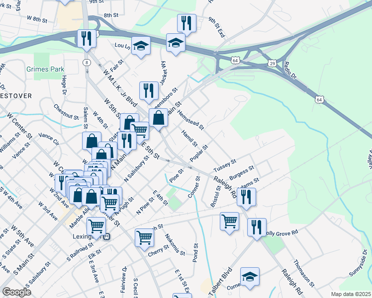 map of restaurants, bars, coffee shops, grocery stores, and more near 503 North Pugh Street in Lexington