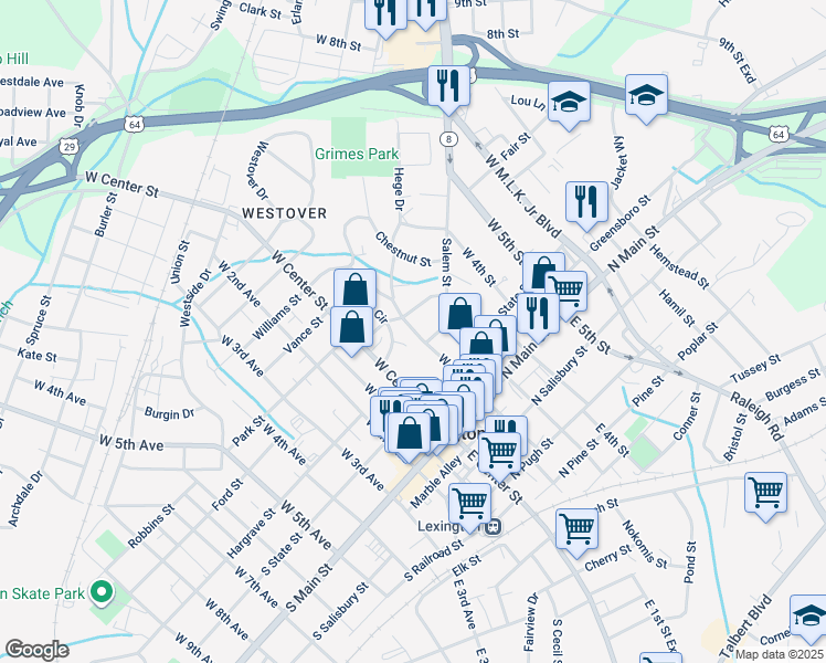 map of restaurants, bars, coffee shops, grocery stores, and more near West 2nd Street in Lexington