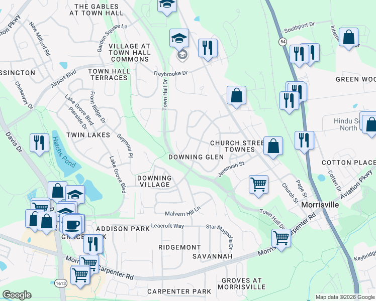 map of restaurants, bars, coffee shops, grocery stores, and more near 117 Berrydowns Drive in Morrisville