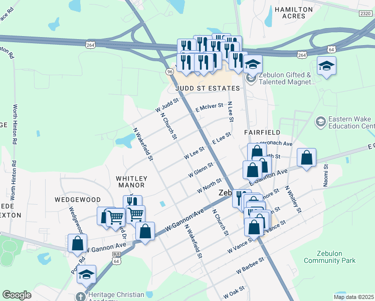 map of restaurants, bars, coffee shops, grocery stores, and more near 700 North Church Street in Zebulon
