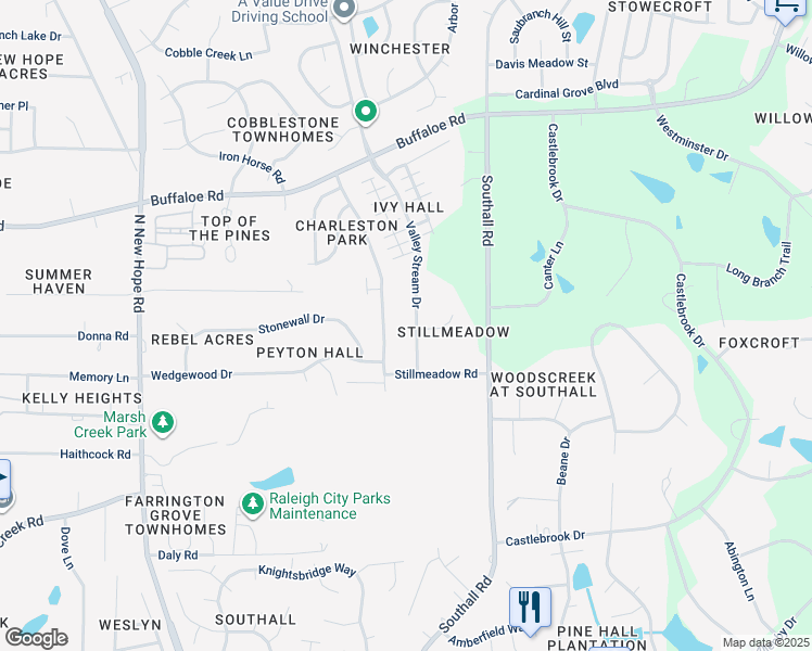 map of restaurants, bars, coffee shops, grocery stores, and more near 3901 Valley Stream Drive in Raleigh