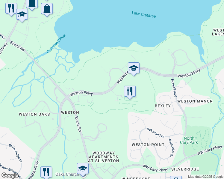 map of restaurants, bars, coffee shops, grocery stores, and more near Weston Parkway in Cary