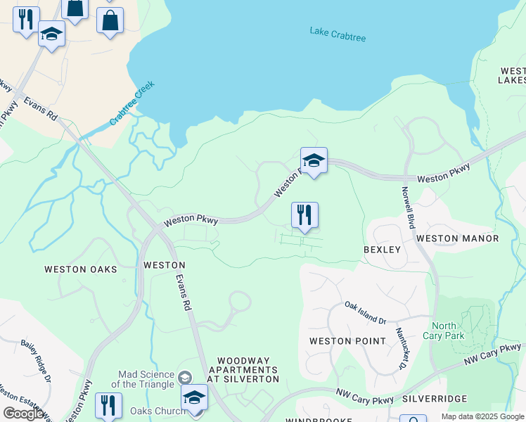 map of restaurants, bars, coffee shops, grocery stores, and more near Weston Parkway in Cary