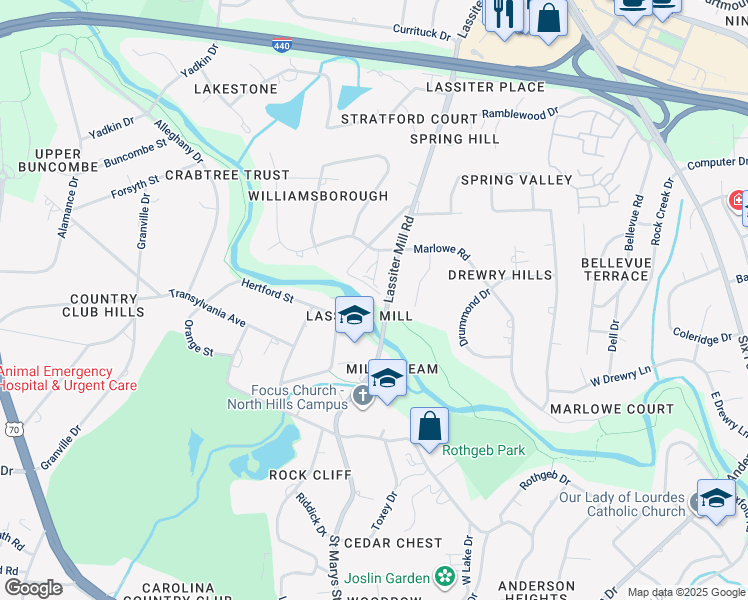 map of restaurants, bars, coffee shops, grocery stores, and more near 805 Lassiter Place in Raleigh