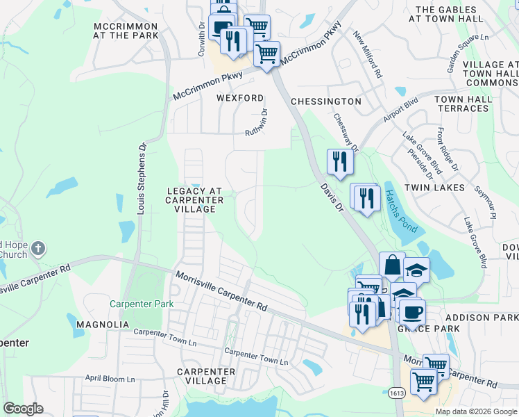 map of restaurants, bars, coffee shops, grocery stores, and more near 1036 Bravura Drive in Cary