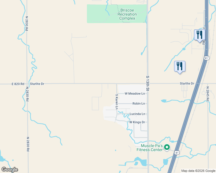 map of restaurants, bars, coffee shops, grocery stores, and more near 1105 Starlite Drive in Kingfisher
