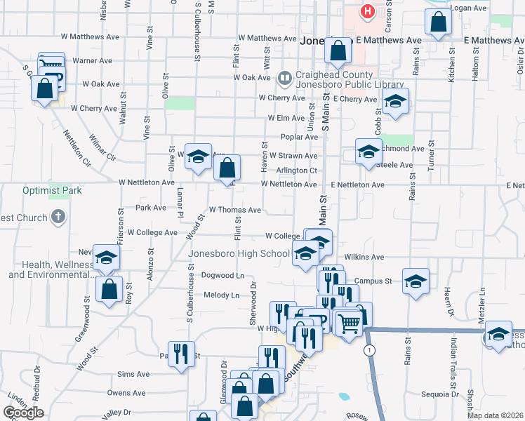 map of restaurants, bars, coffee shops, grocery stores, and more near 500 West Thomas Avenue in Jonesboro