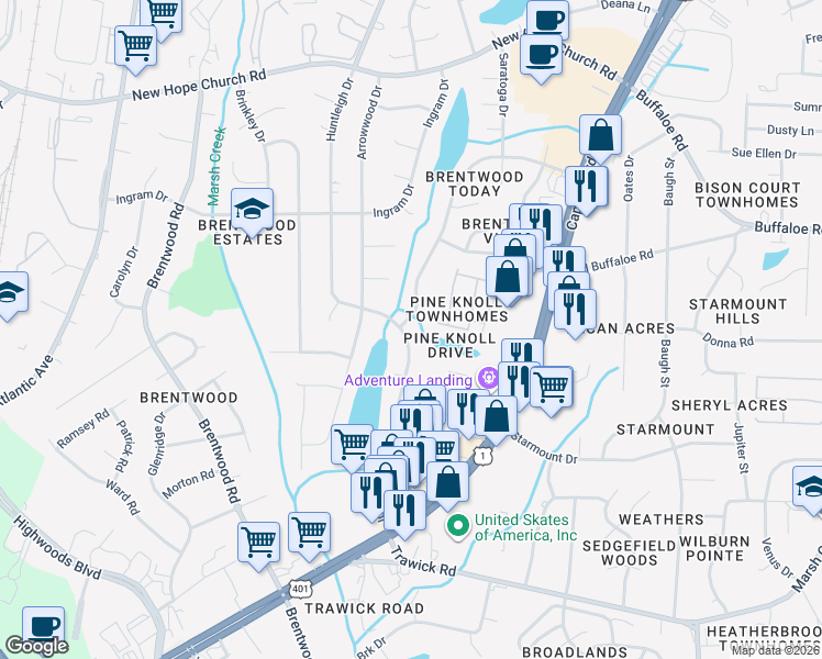 map of restaurants, bars, coffee shops, grocery stores, and more near 3404 Greywood Drive in Raleigh