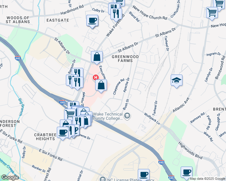 map of restaurants, bars, coffee shops, grocery stores, and more near 3420 Cheyenne Road in Raleigh