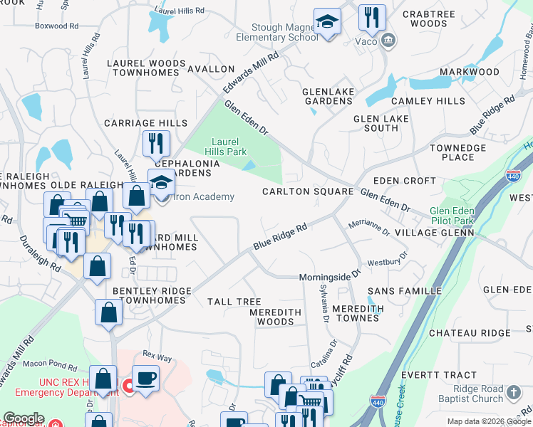 map of restaurants, bars, coffee shops, grocery stores, and more near 3435 Blue Ridge Road in Raleigh