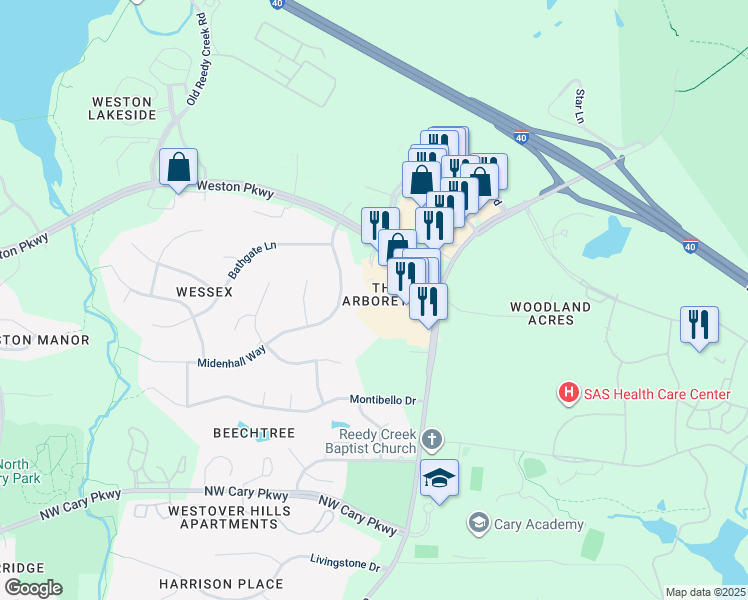 map of restaurants, bars, coffee shops, grocery stores, and more near in Cary