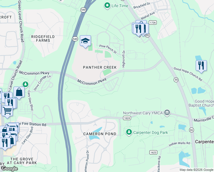 map of restaurants, bars, coffee shops, grocery stores, and more near 314 Poplar Leaf Way in Cary