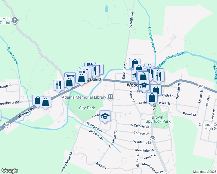 map of restaurants, bars, coffee shops, grocery stores, and more near 111 McBroom Street in Woodbury