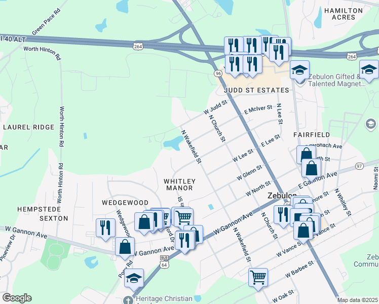 map of restaurants, bars, coffee shops, grocery stores, and more near 805 North Wakefield Street in Zebulon