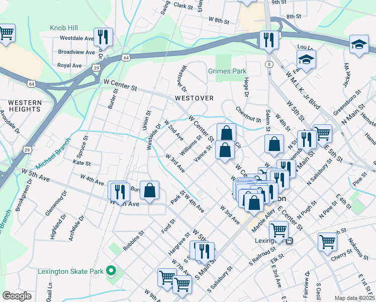map of restaurants, bars, coffee shops, grocery stores, and more near 501 West 2nd Avenue in Lexington