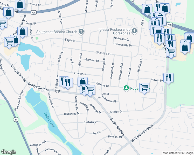 map of restaurants, bars, coffee shops, grocery stores, and more near 1910 Fowler Street in Murfreesboro