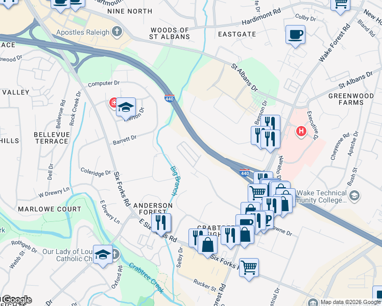 map of restaurants, bars, coffee shops, grocery stores, and more near 824 Bankston Woods Way in Raleigh