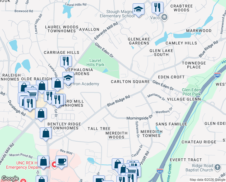 map of restaurants, bars, coffee shops, grocery stores, and more near 3435 Blue Ridge Road in Raleigh