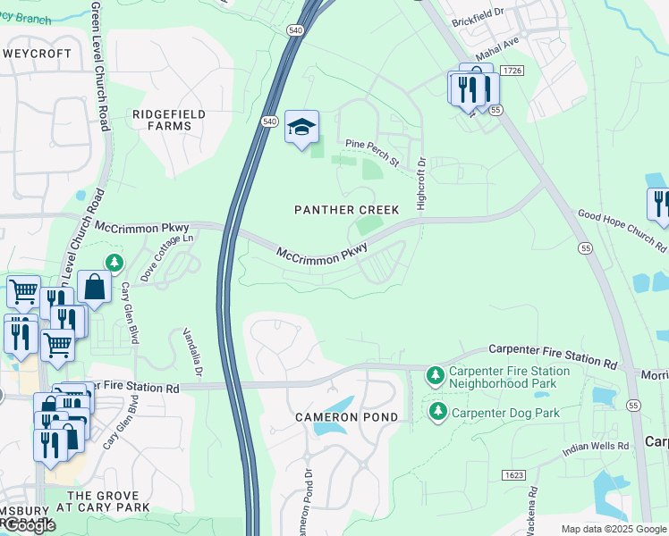 map of restaurants, bars, coffee shops, grocery stores, and more near 730 Channing Park Circle in Cary